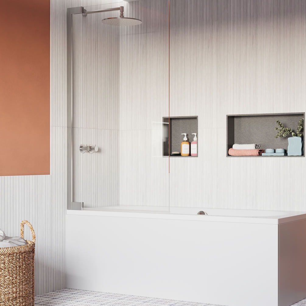 Lifestyle image of Crosswater Asura 8 Polished Stainless Steel Hinged Bath Screen